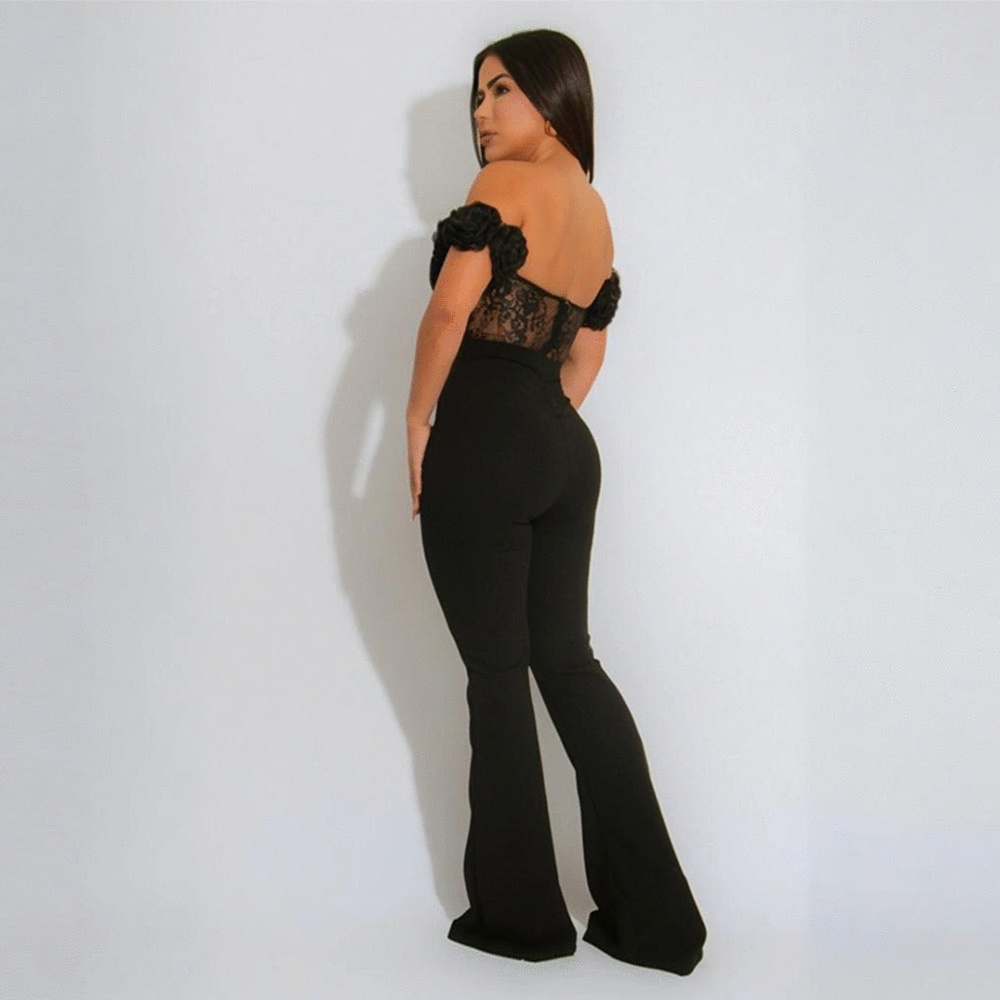 Slim horizontal collar jumpsuit sexy perspective long pants