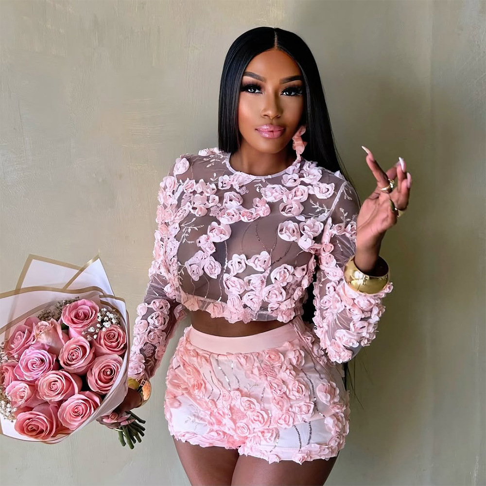 Embroidered sexy shorts European style tops 2pcs set