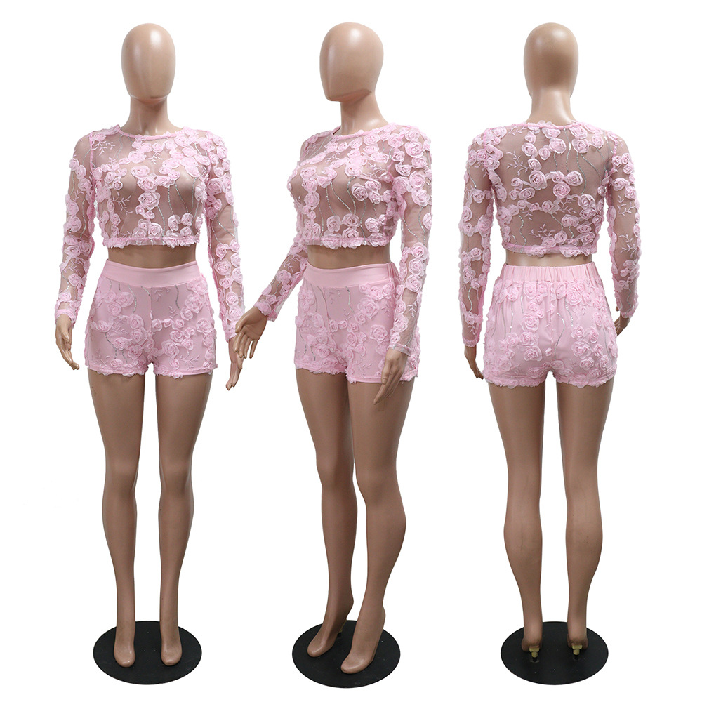 Embroidered sexy shorts European style tops 2pcs set