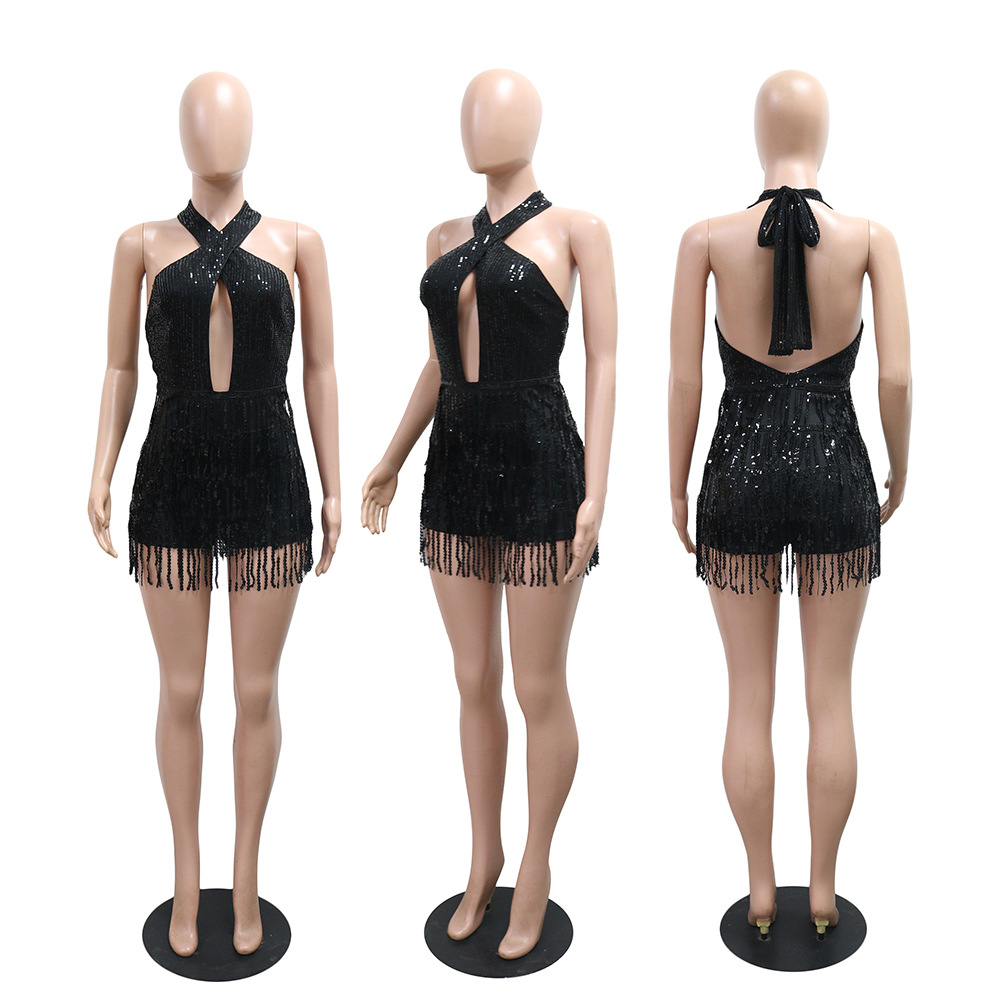 Slim sexy sequins jumpsuit frenum short tassels pants