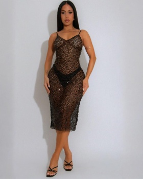 European style perspective slim dress V-neck sling sequins briefs