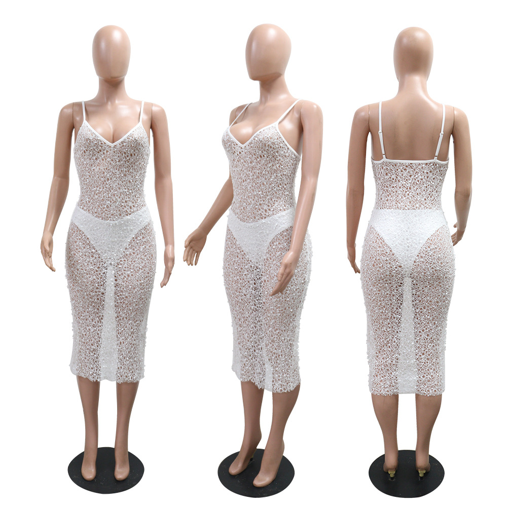 European style perspective slim dress V-neck sling sequins briefs