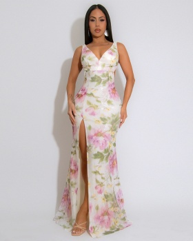 European style high split long dress velvet dress for women