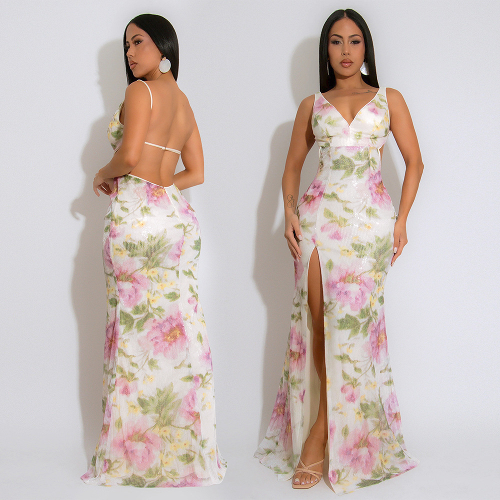 European style high split long dress velvet dress for women