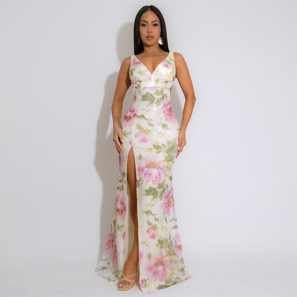 European style high split long dress velvet dress for women