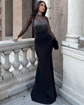 Pinched waist long dress rhinestone splice formal dress for women