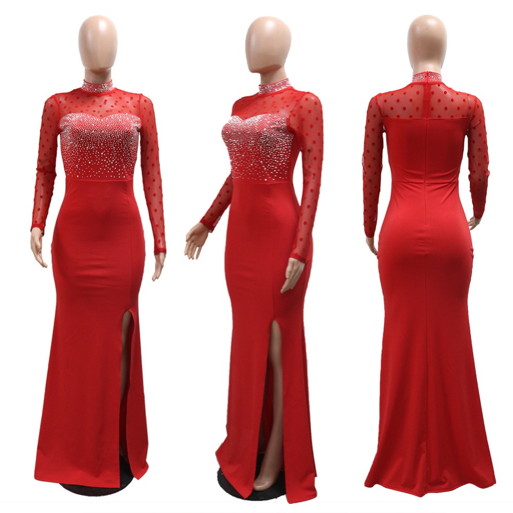 Pinched waist long dress rhinestone splice formal dress for women