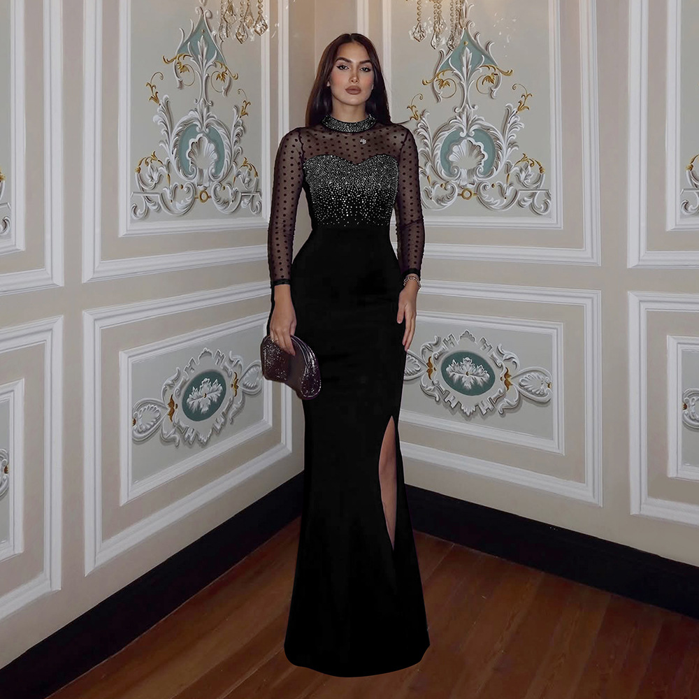 Pinched waist long dress rhinestone splice formal dress for women