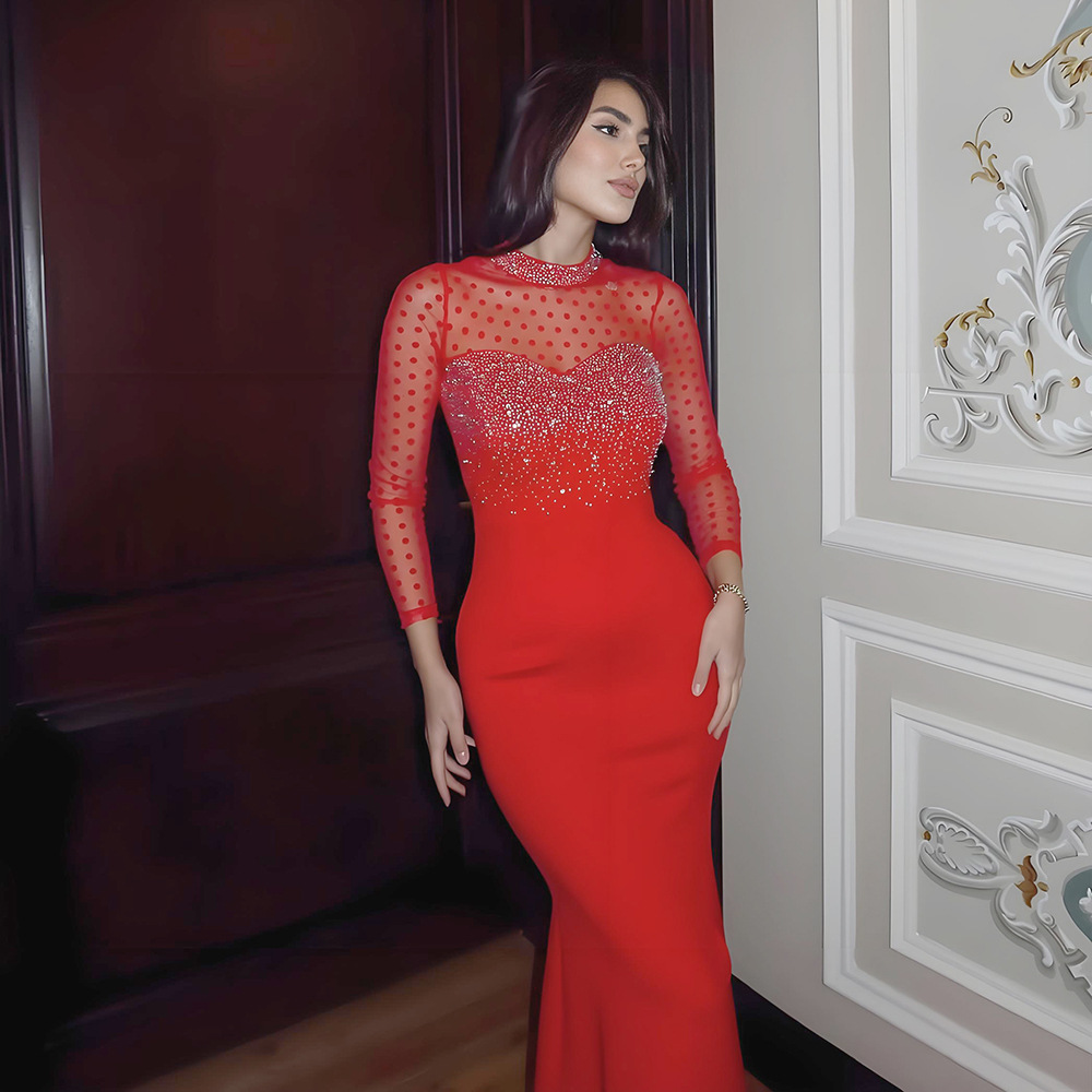 Pinched waist long dress rhinestone splice formal dress for women