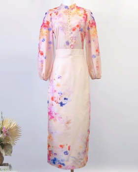 Refinement printing short skirt buckle long shirt a set