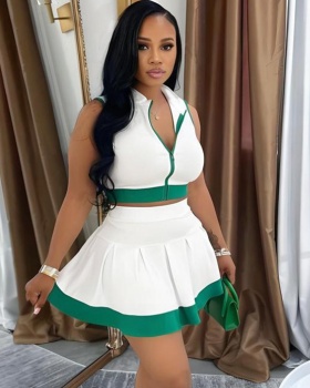 Stitching color zip tops sleeveless short skirt a set