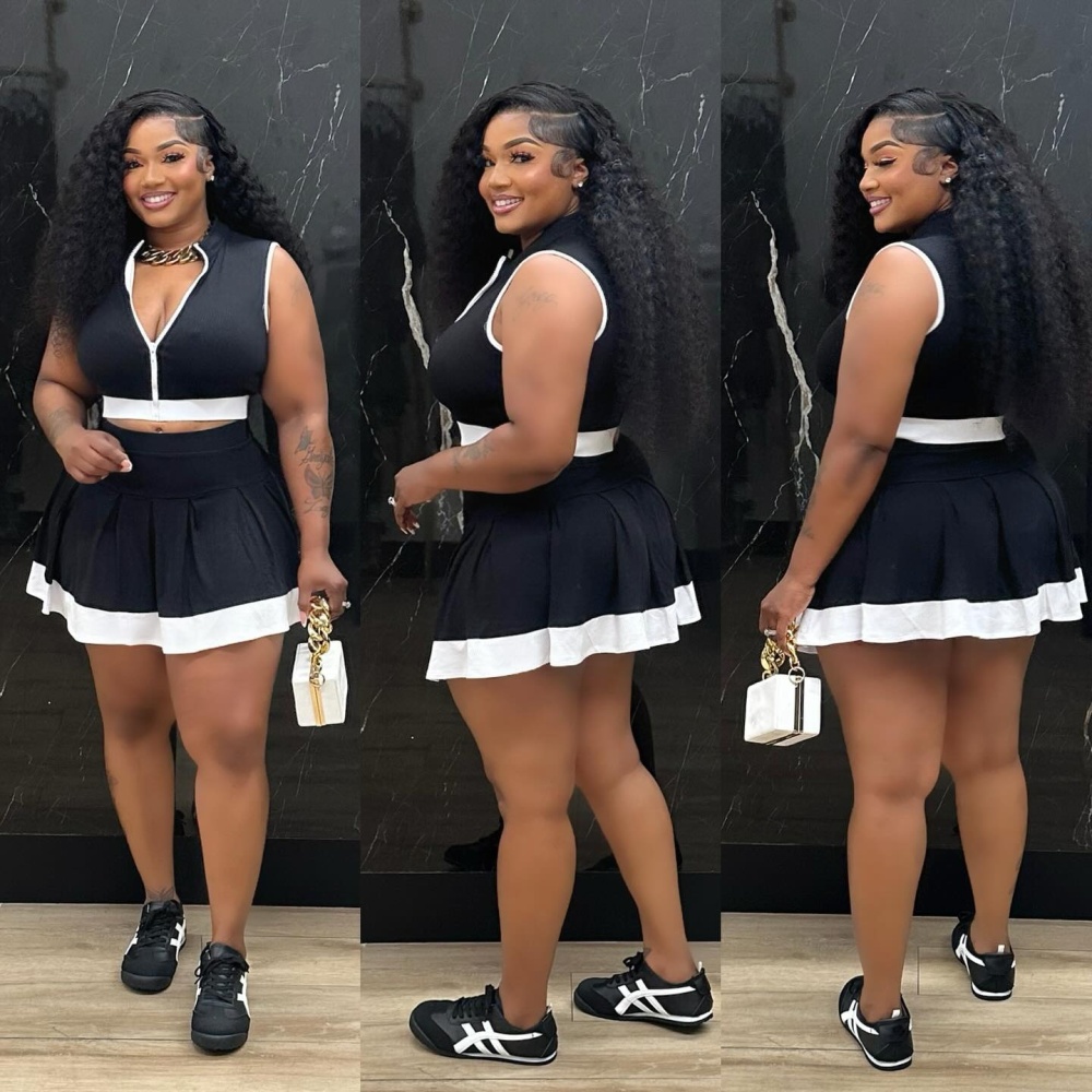 Stitching color zip tops sleeveless short skirt a set