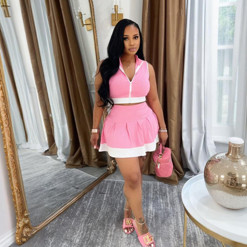 Stitching color zip tops sleeveless short skirt a set