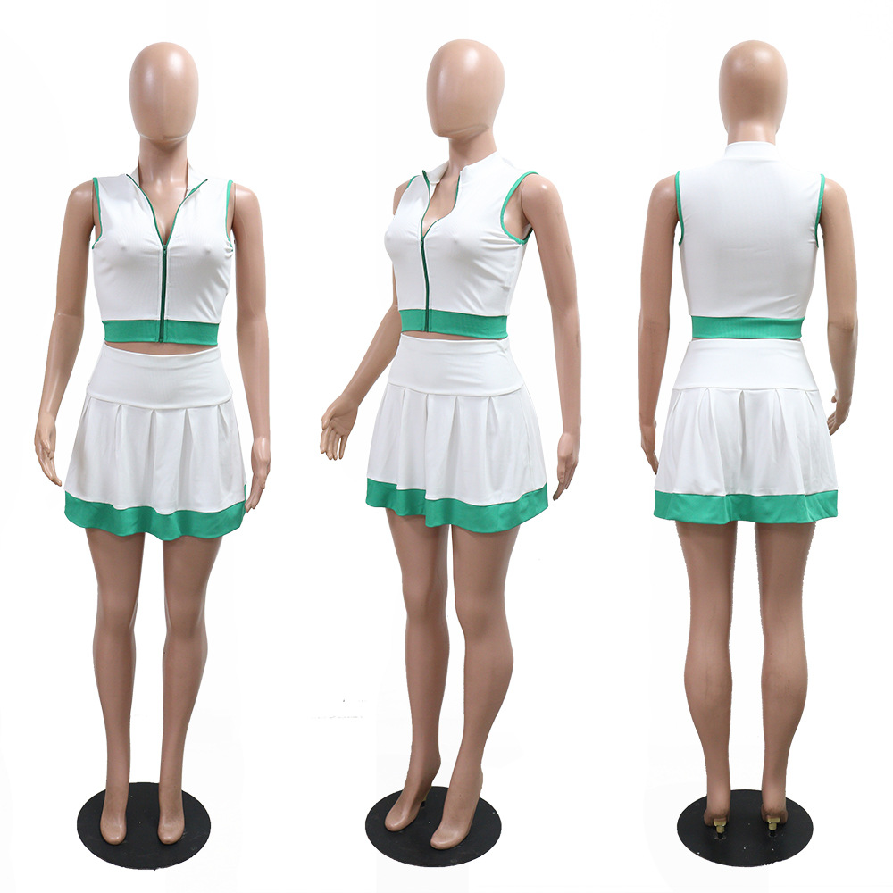 Stitching color zip tops sleeveless short skirt a set