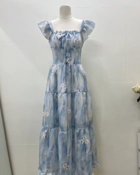 France style printing long dress slim belt