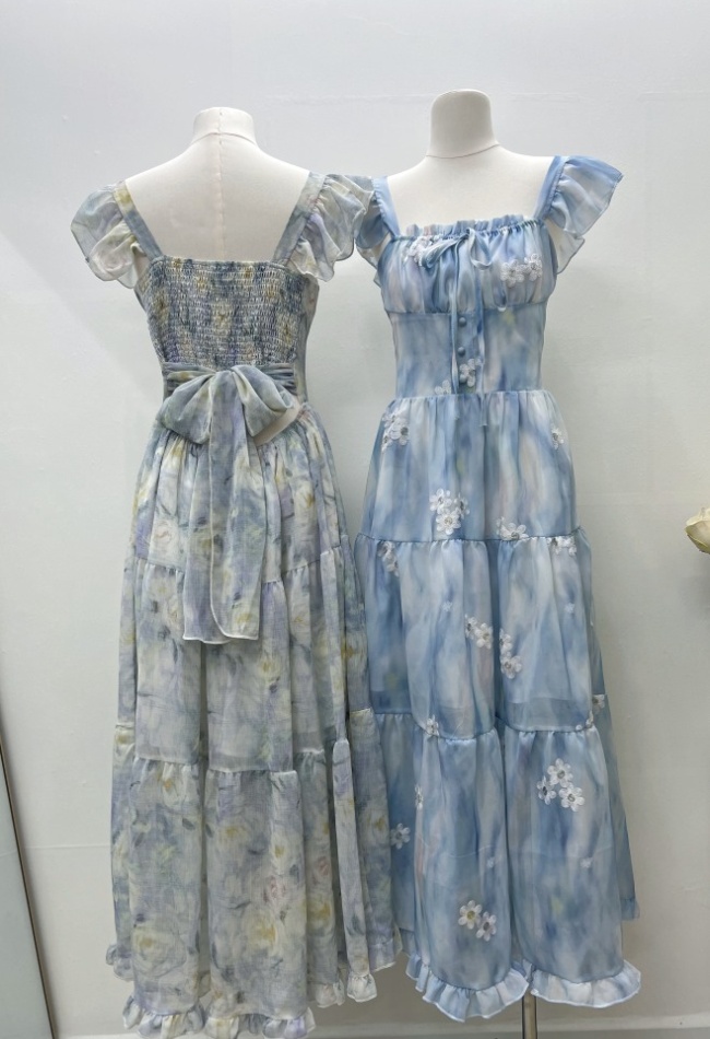France style printing long dress slim belt