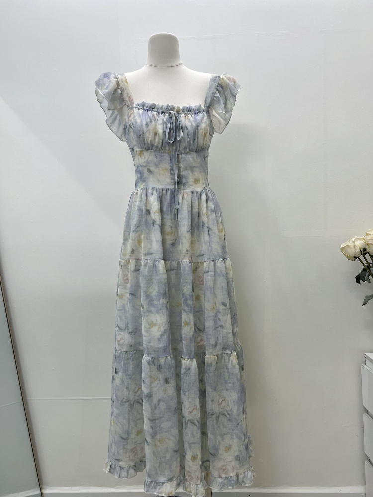 France style printing long dress slim belt