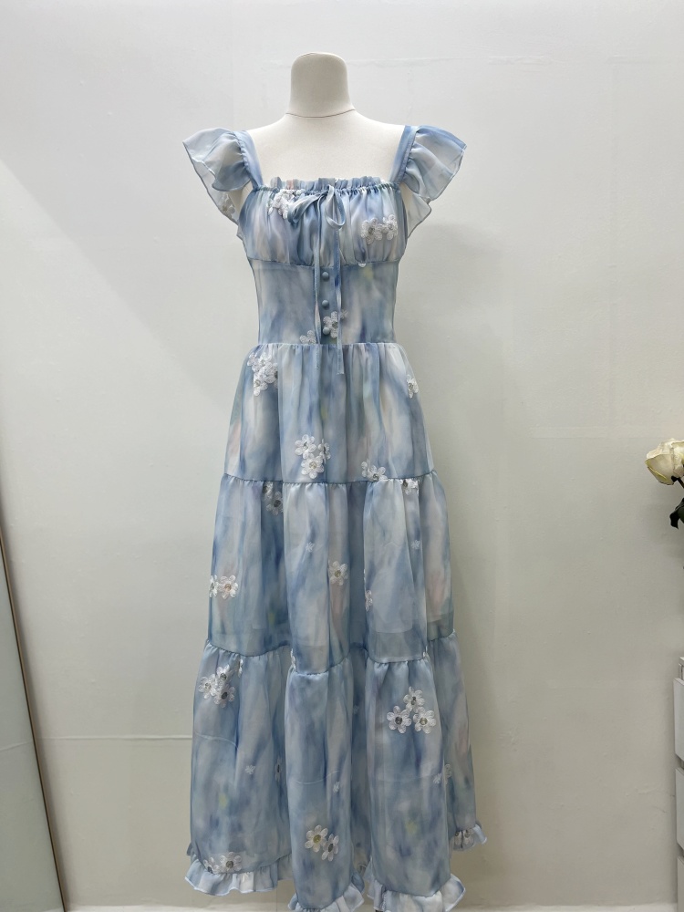 France style printing long dress slim belt