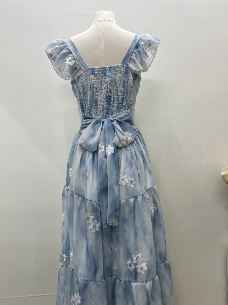 France style printing long dress slim belt