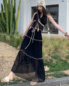 Black gauze sling halter vacation V-neck short skirt a set