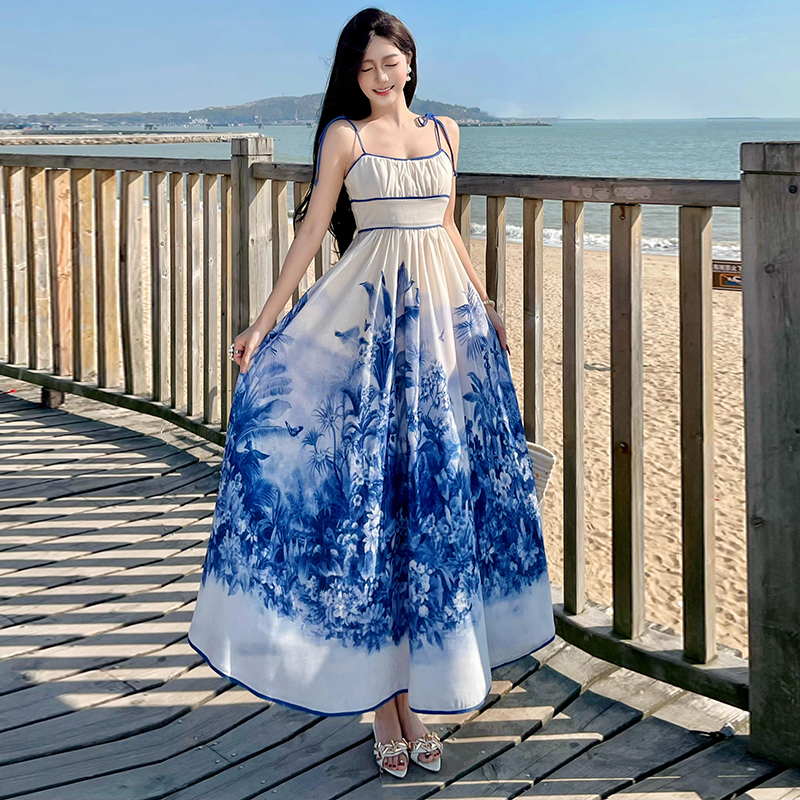 Flax high waist tether sling long vacation spring dress