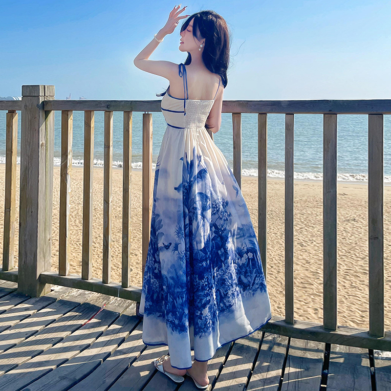 Flax high waist tether sling long vacation spring dress