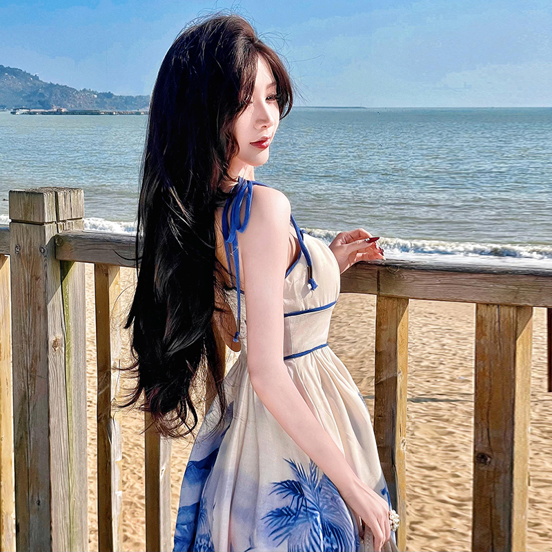 Flax high waist tether sling long vacation spring dress