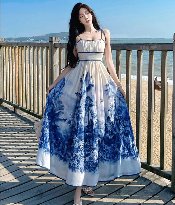 Flax high waist tether sling long vacation spring dress
