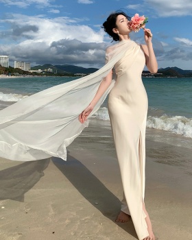 Halter satin temperament sloping shoulder dress