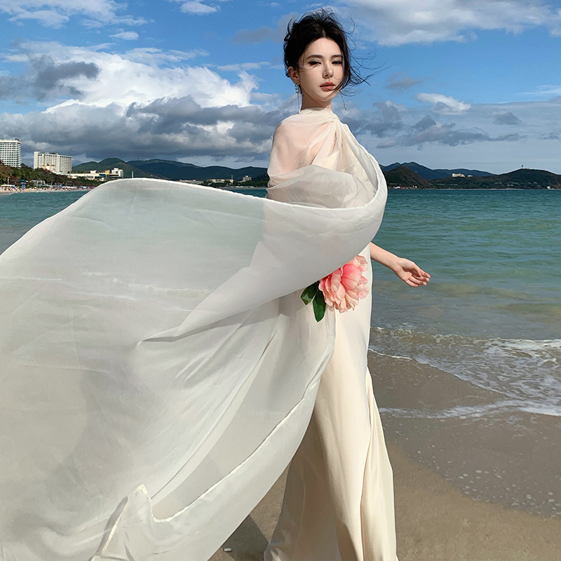 Halter satin temperament sloping shoulder dress