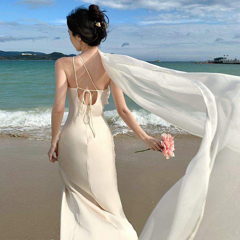 Halter satin temperament sloping shoulder dress