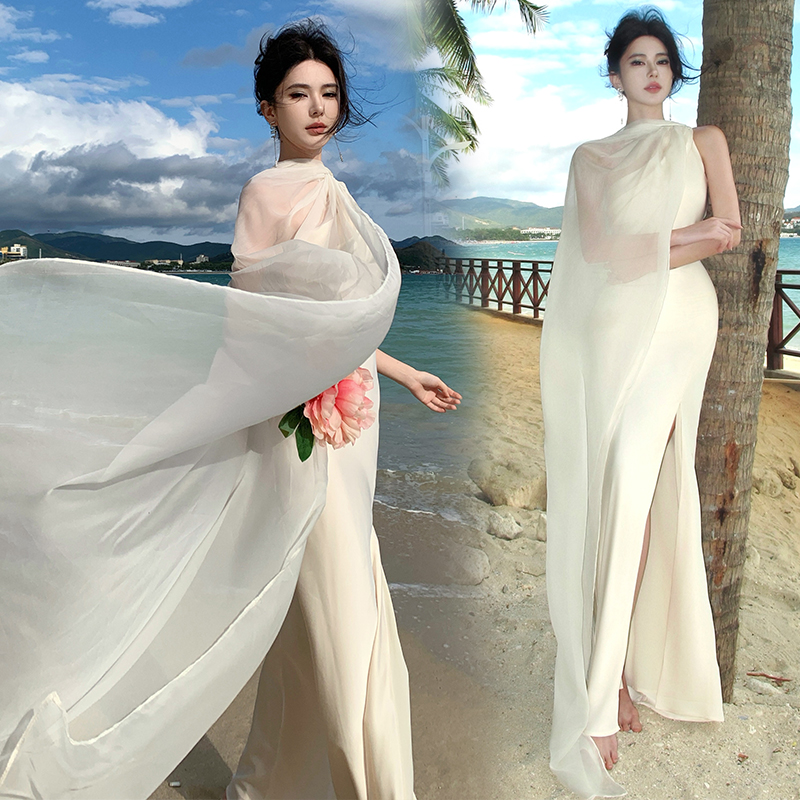 Halter satin temperament sloping shoulder dress