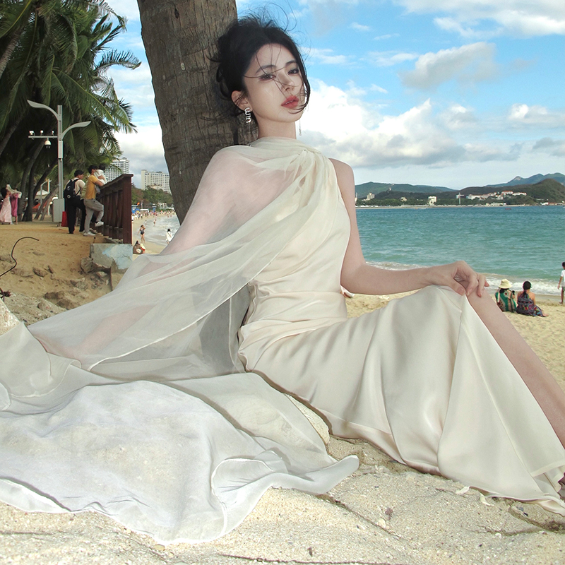 Halter satin temperament sloping shoulder dress