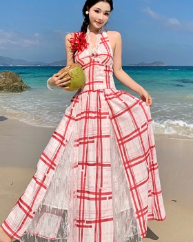 Plaid halter white dress big skirt sling long dress