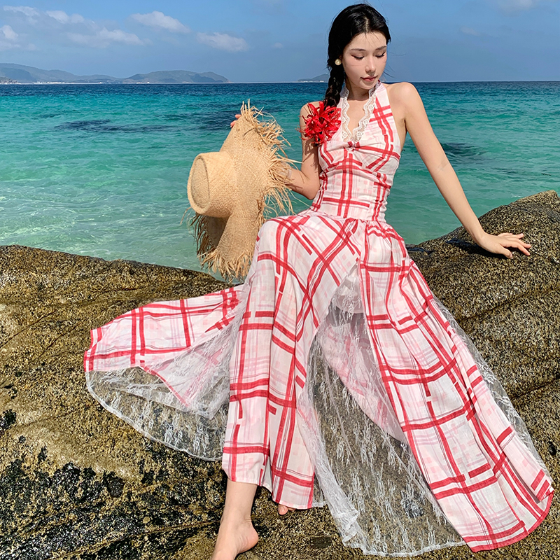 Plaid halter white dress big skirt sling long dress