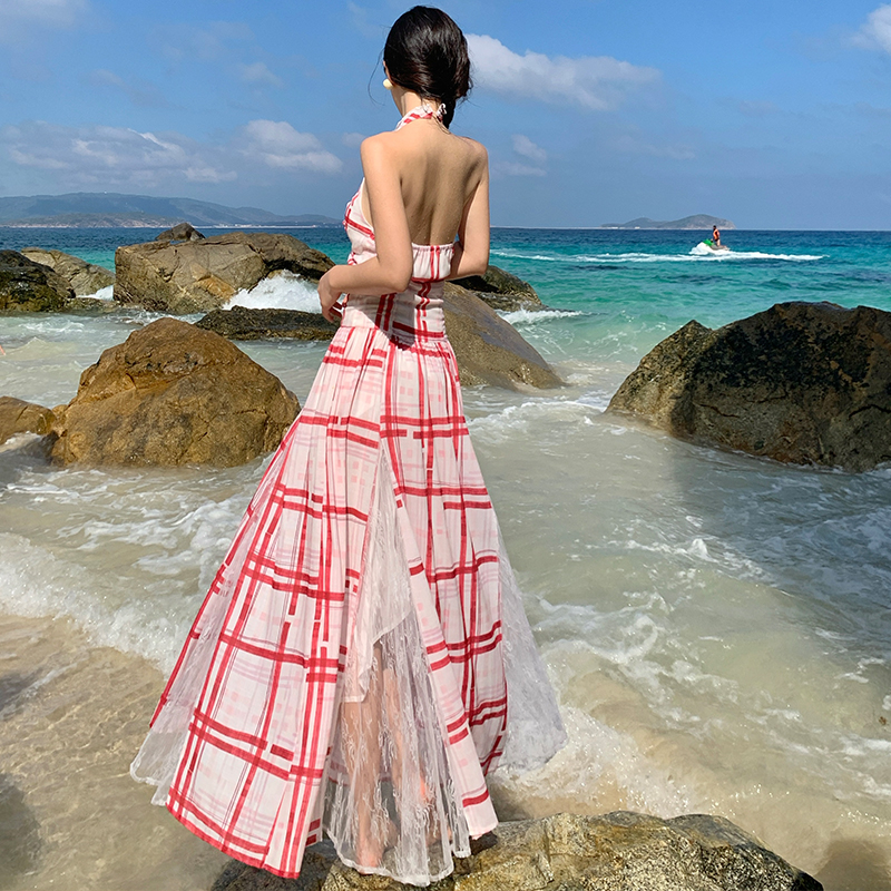 Plaid halter white dress big skirt sling long dress