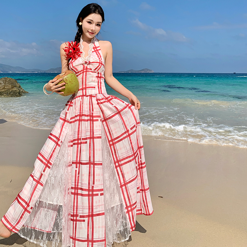 Plaid halter white dress big skirt sling long dress