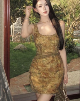 Slim pinched waist organza fold yellow dress