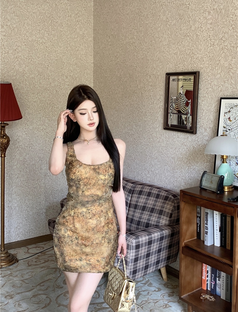 Slim pinched waist organza fold yellow dress