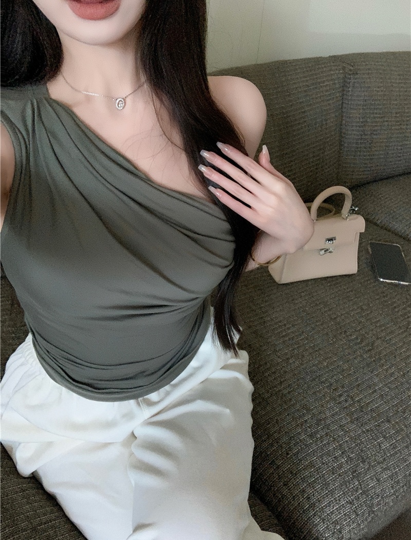 Sloping shoulder enticement vest Korean style tops for women