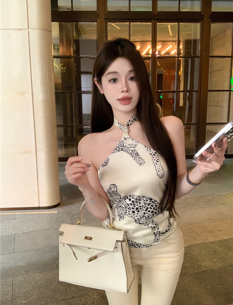 Printing leopard tops sling sexy T-shirt for women