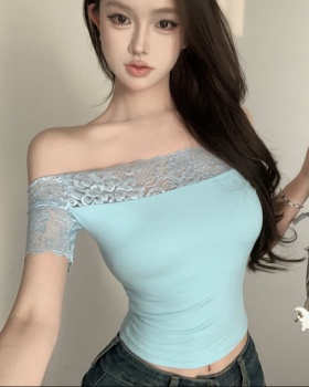 Simple lace tops flat shoulder T-shirt for women