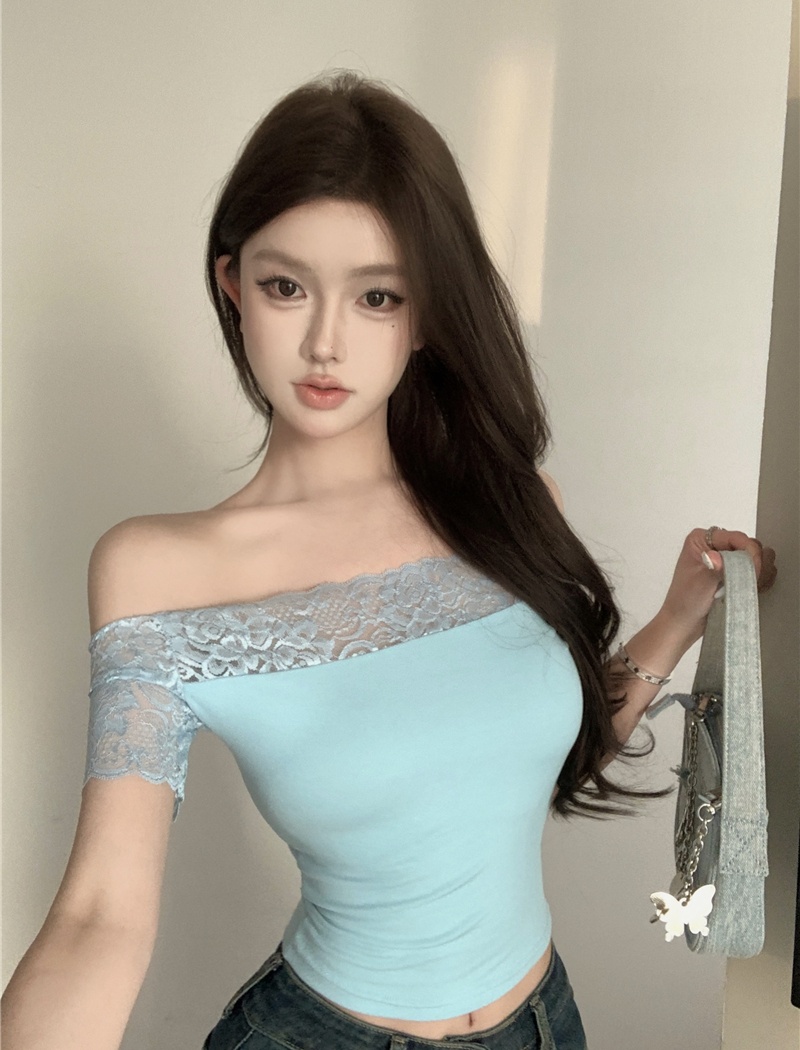 Simple lace tops flat shoulder T-shirt for women
