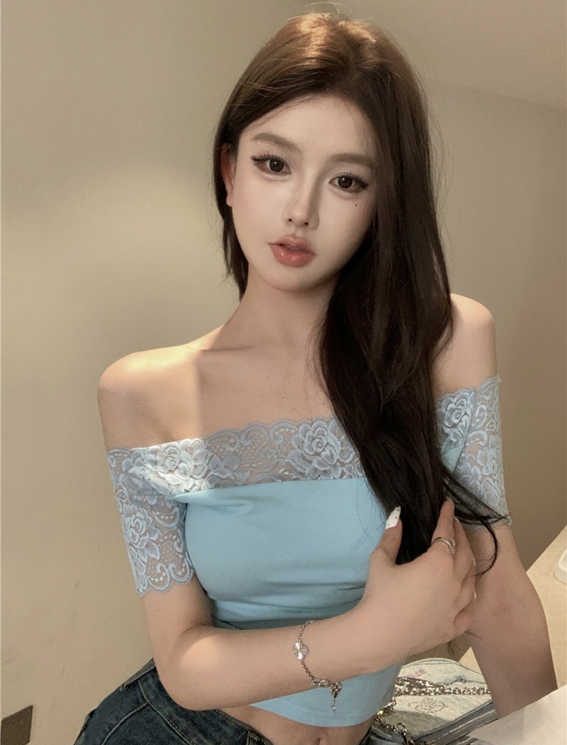 Simple lace tops flat shoulder T-shirt for women