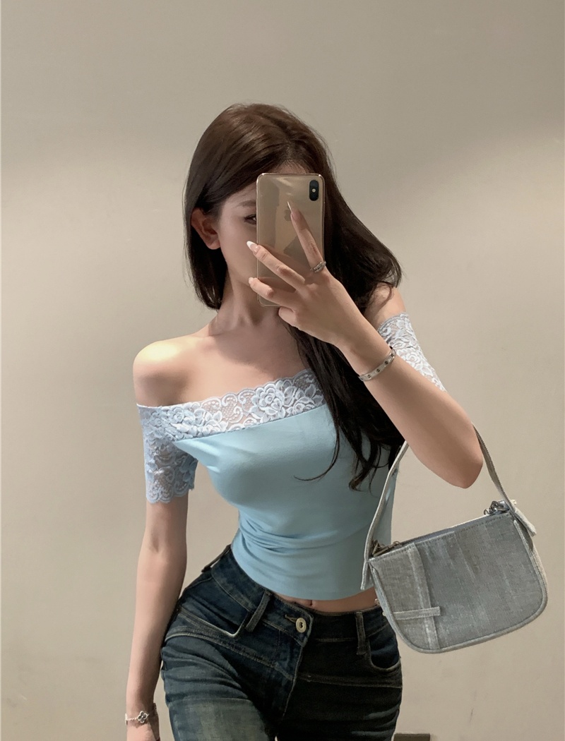 Simple lace tops flat shoulder T-shirt for women