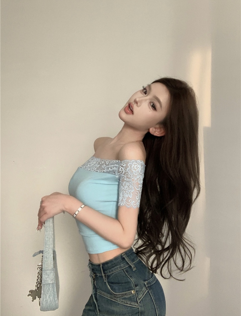 Simple lace tops flat shoulder T-shirt for women