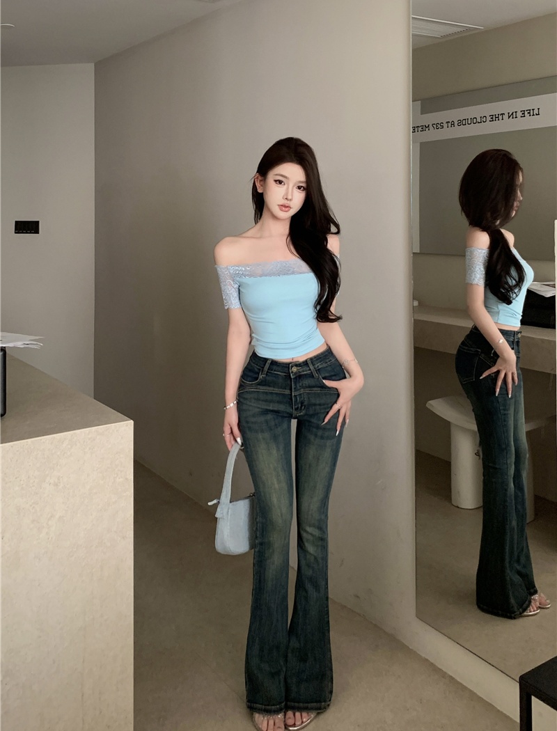 Simple lace tops flat shoulder T-shirt for women