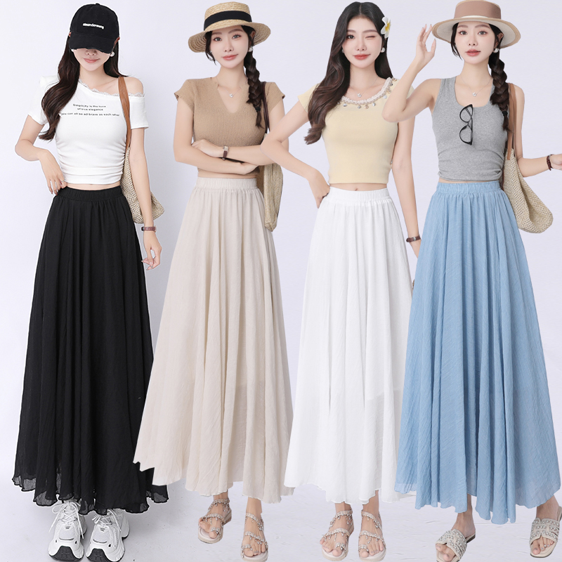 Slim high waist long A-line fold cotton linen summer skirt