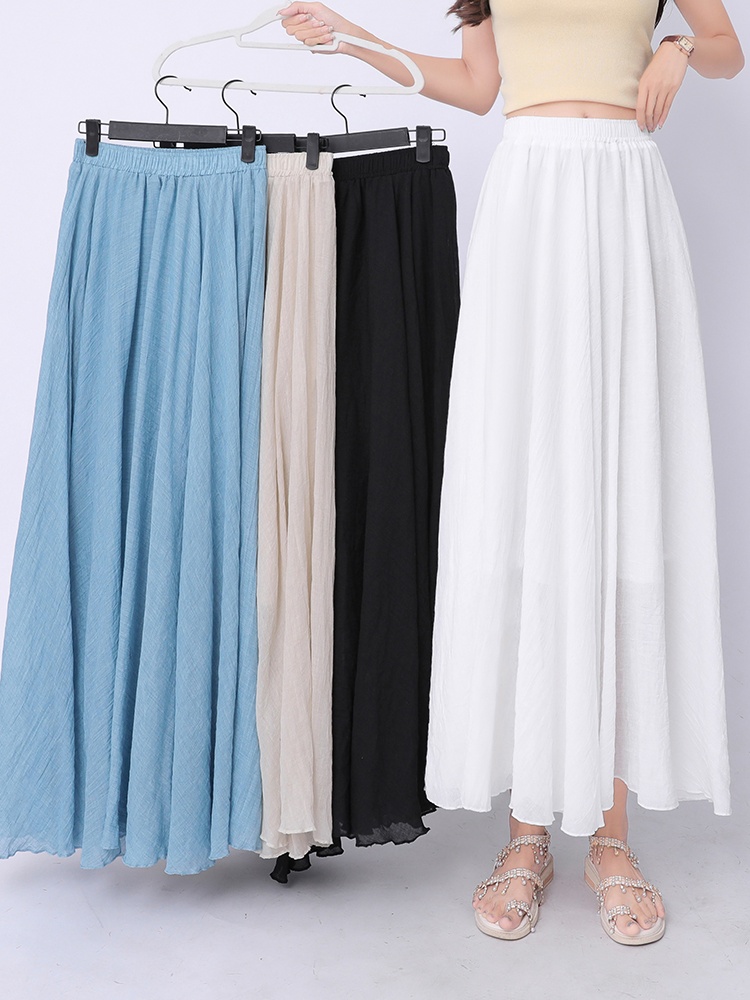 Slim high waist long A-line fold cotton linen summer skirt