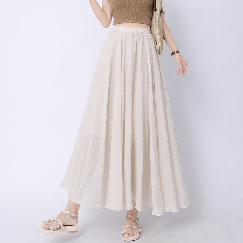 Slim high waist long A-line fold cotton linen summer skirt